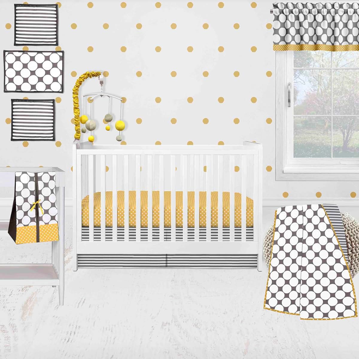 Bacati - Dots Stripes Gray Yellow 10 pc Unisex Baby Crib Bedding Set with 2 Crib Fitted Sheets