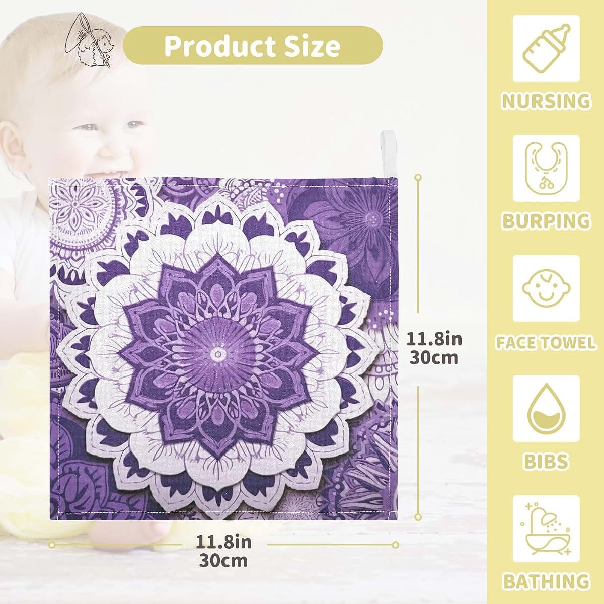Wellday Mandala Baby Washcloths Set of 3 Cotton Newborn Muslin Cloths