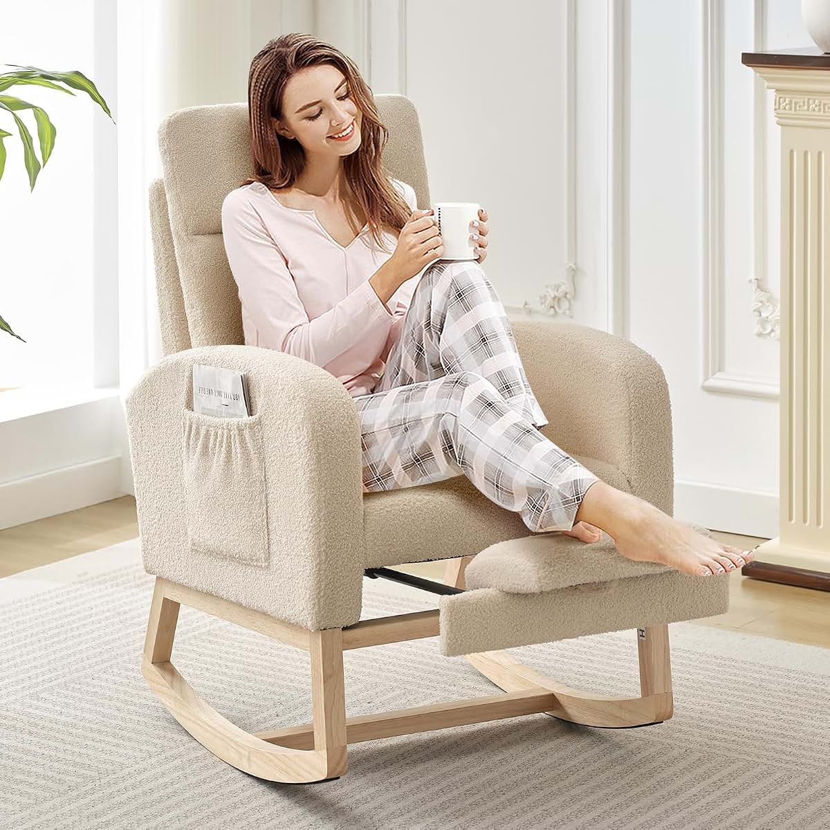 Takywep Modern Nursery Rocking Chair with Footrest and Side Pocket