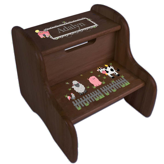 My Bambino Personalized Kids Step Stool | Barnyard Friends Espresso Two Step Stool | Custom Name Toddler Bathroom &