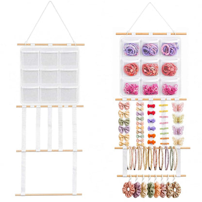 Cozisvoker Bow Organizer for Girls, 20 Hooks, 9 Mesh Pockets, Wall Hanging