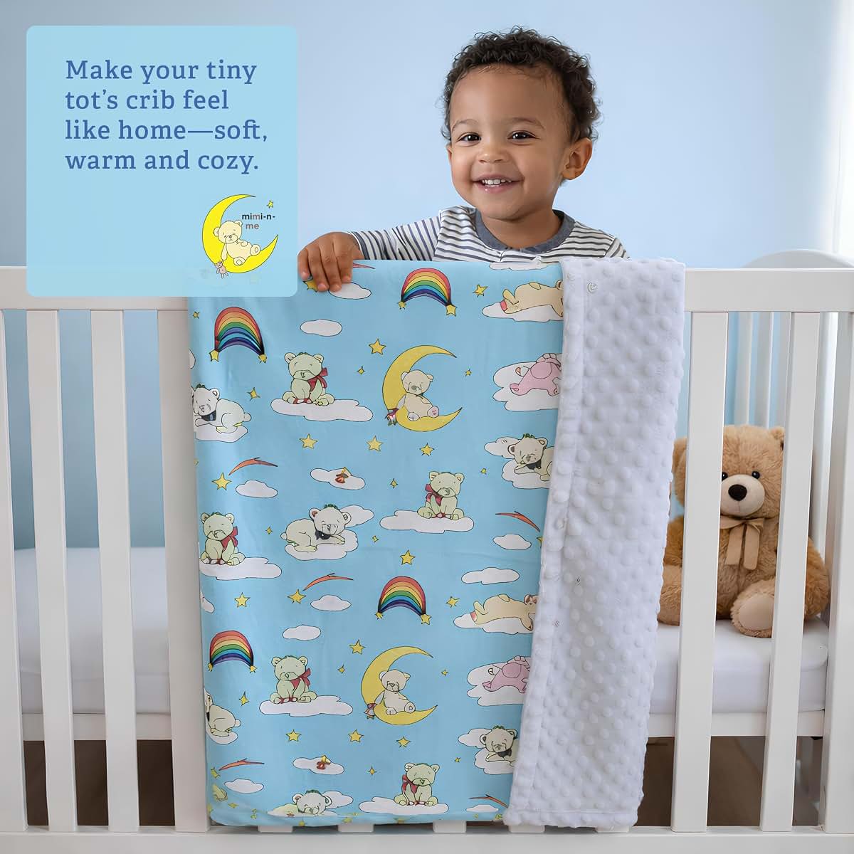 Mimi-n-Me Baby Blanket - Blue - Teddy Bear Rainbow Design with Soft Sensory Bumps (photo 3)