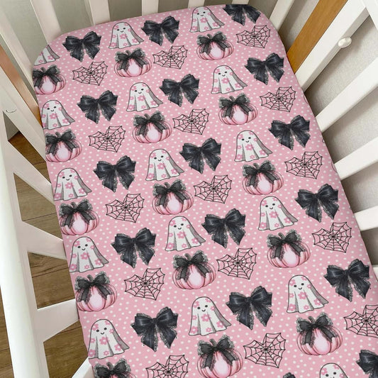Selgkds Cute Pumpkins Spiderwebs Bows Baby Crib Sheets for Girls Pink Halloween Soft Snug Fitted Crib Mattress Covers