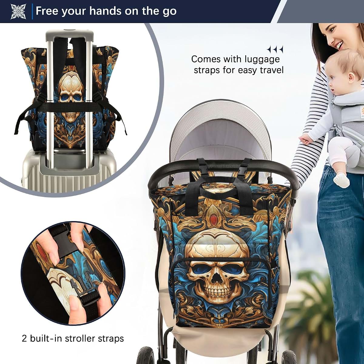 LINNIKEEEE Abstract Cool Golden Skull Diaper Bag Travel Backpack (photo 4)