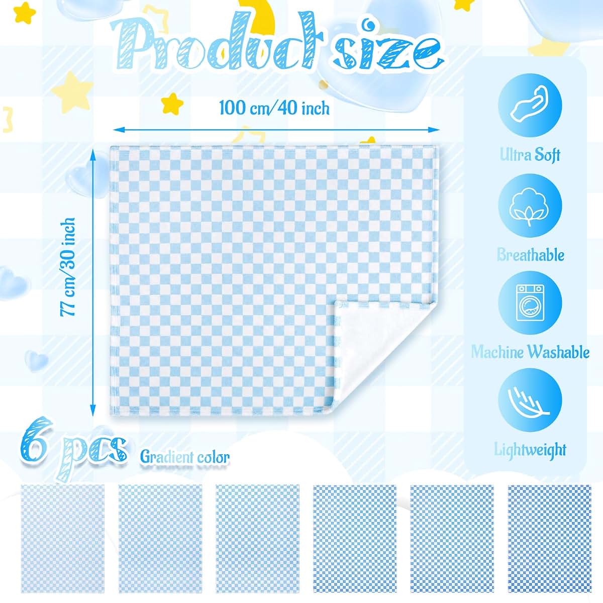 Fanfanwin 6 Pack Blue Checkered Microfiber Baby Blankets