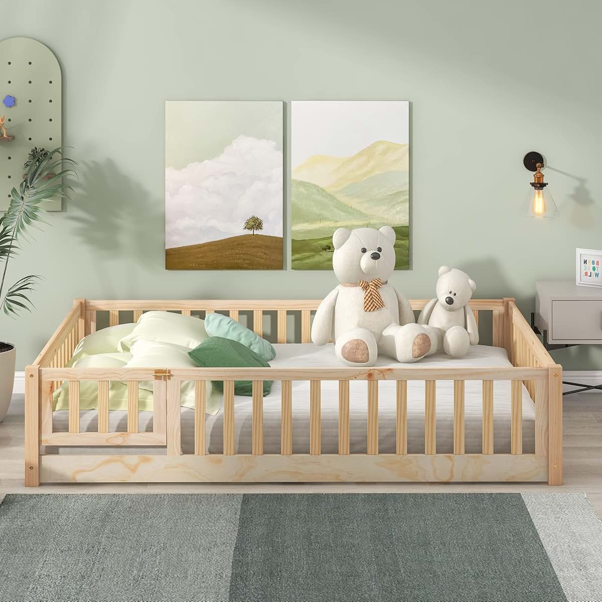 NCKMYB Full Size Toddlers Montessori Bed with Fence, Wooden Floor Bed Playpen with Doors, Kids Play Bed with Guardrails