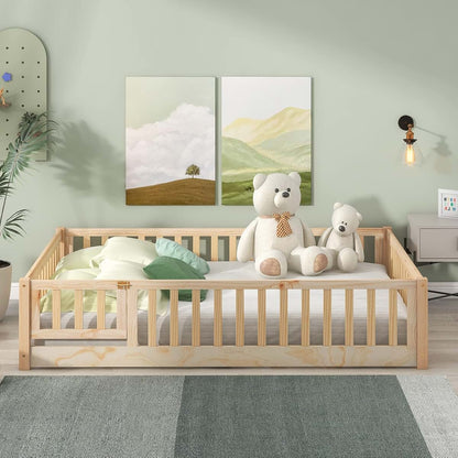 NCKMYB Full Size Toddlers Montessori Bed with Fence, Wooden Floor Bed Playpen with Doors, Kids Play Bed with Guardrails