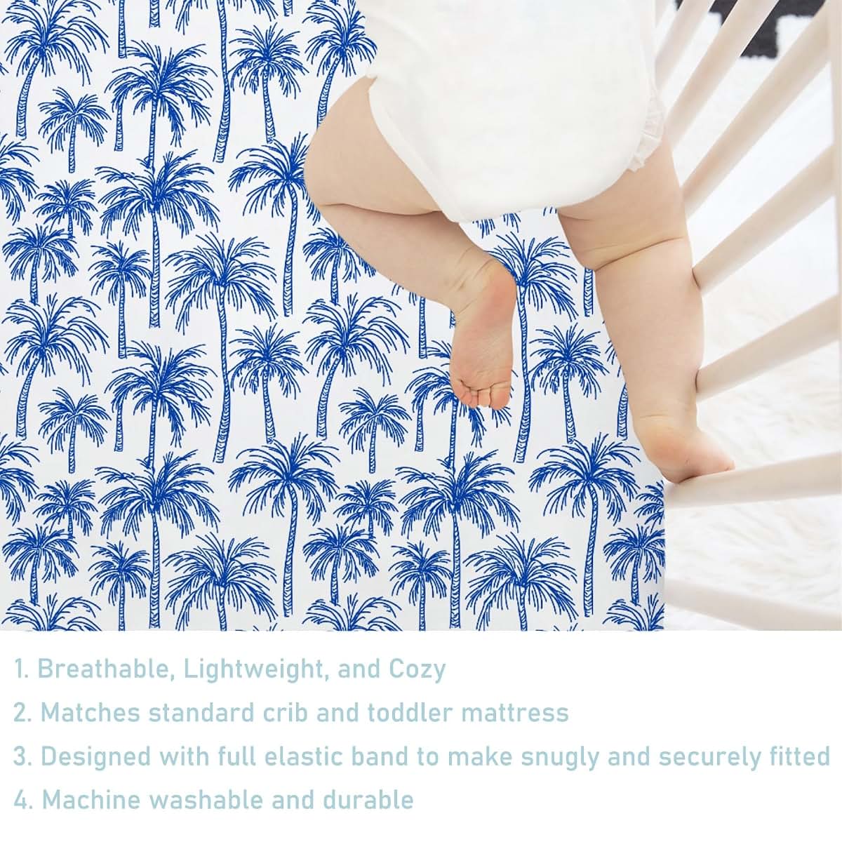 Dpjkevw Tropical Palm Tree Baby Crib Sheets Boys & Girls Blue Palm Trees Soft Fitted Newborn Bedding Nursery Baby (photo 4)