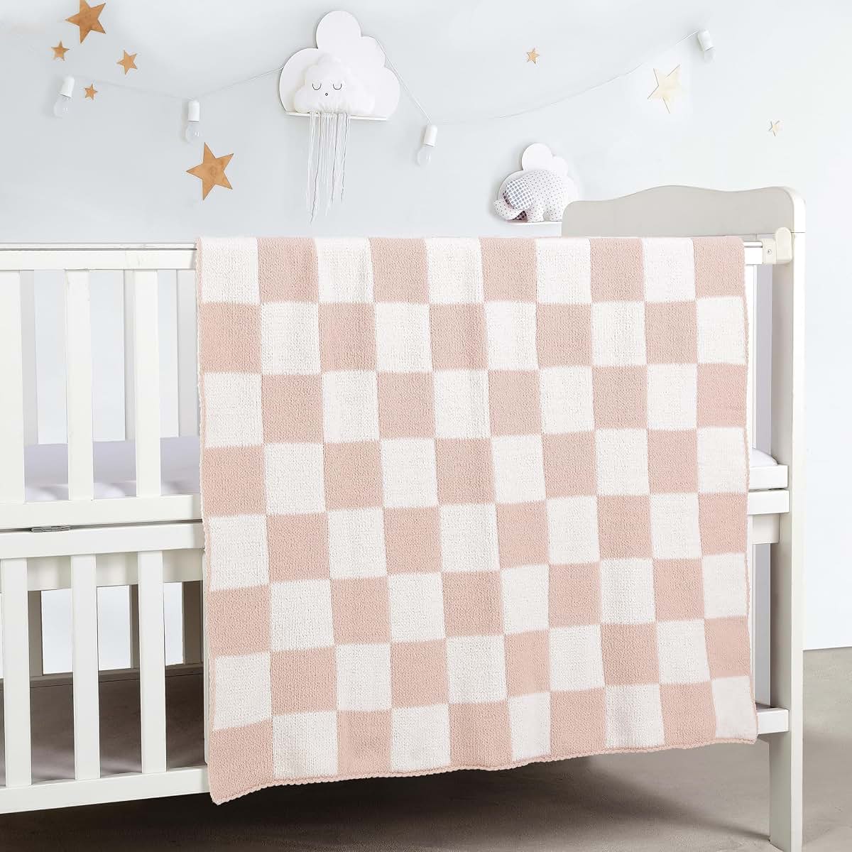 Checked Pink Chenille Baby Blanket for Newborns and Infants