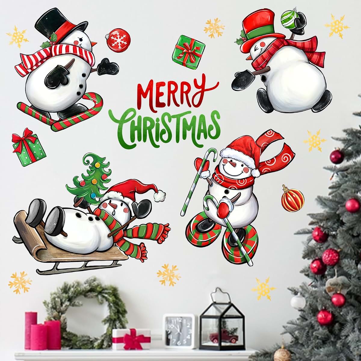 Christmas Snowman Wall Decals, 2 Sheets Vinyl Stickers for Home Holiday Decor