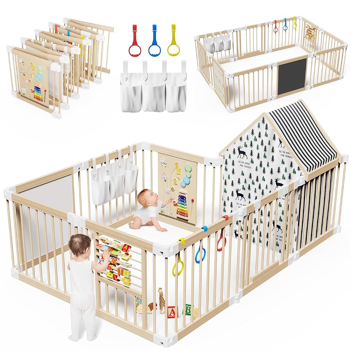 BabyOneStop Large Wooden Playpen With Locking Gate And Sensory Activity Panels