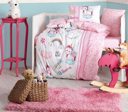 OZINCI 100% Cotton Unicorn Nursery Baby Bedding, Toddlers Crib Bedding for Baby Girls, Duvet Cover Set, Pink