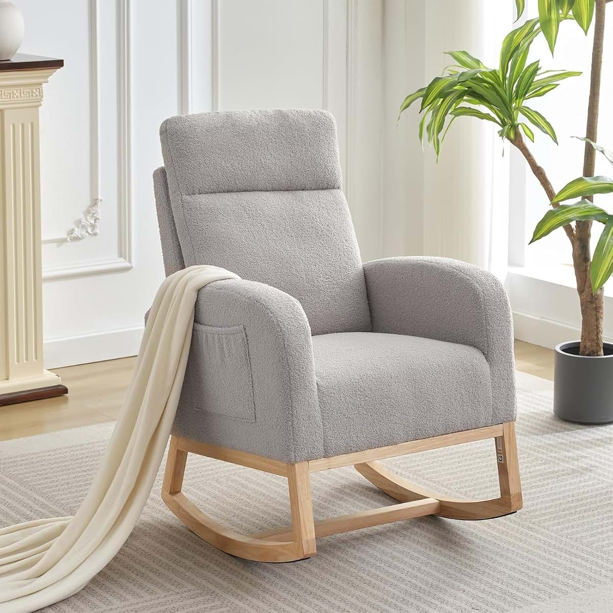 OUTGOODS Modern Nursery Rocking Chair, Teddy Upholstered Glider Rocker with High Backrest and Side Pocket