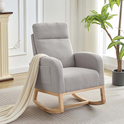 OUTGOODS Modern Nursery Rocking Chair, Teddy Upholstered Glider Rocker with High Backrest and Side Pocket