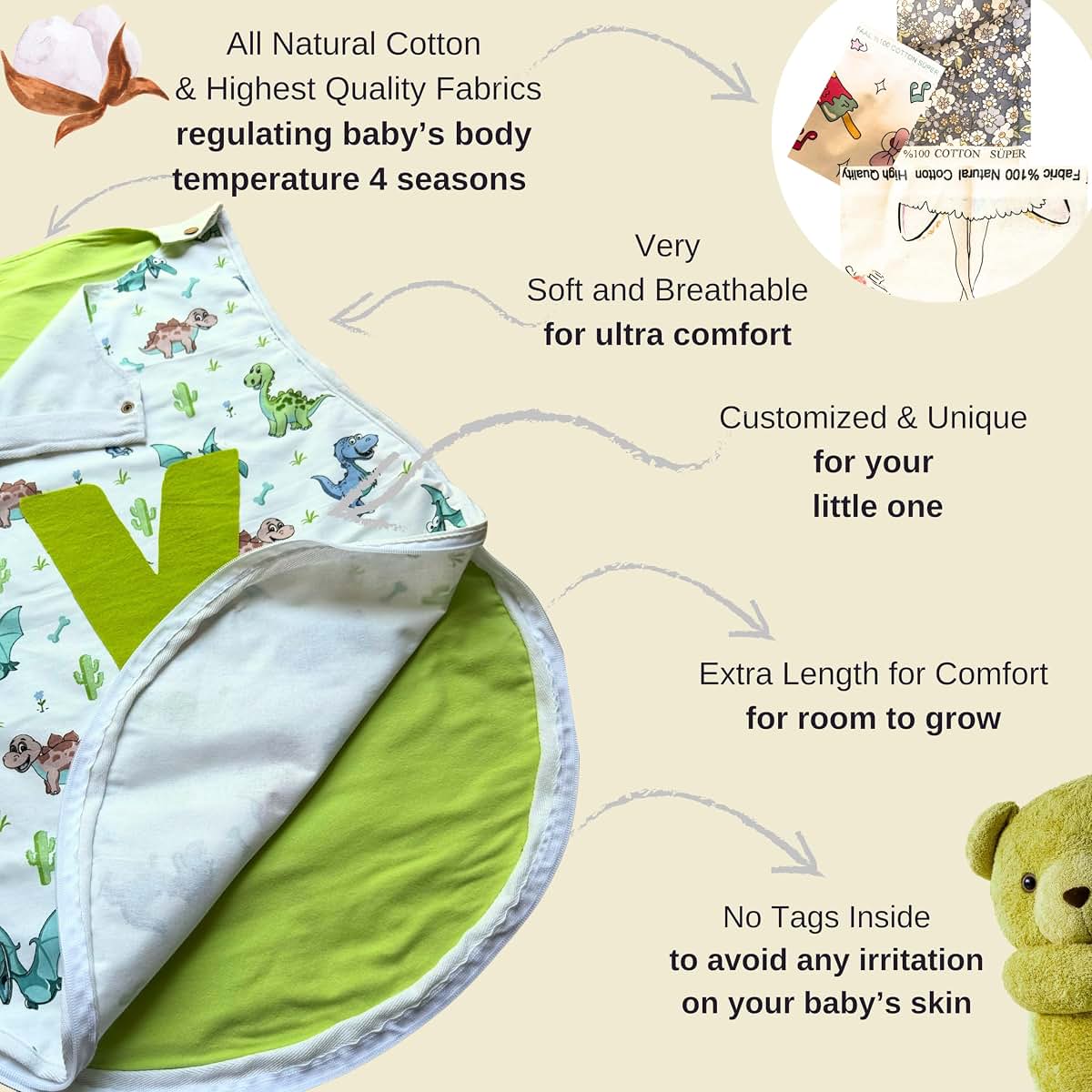 FashionByCultures Personalized Baby Sleeping Sack for 2-12 Months & Nursery Essentials Set, 3-Piece Natural Cotton Gift