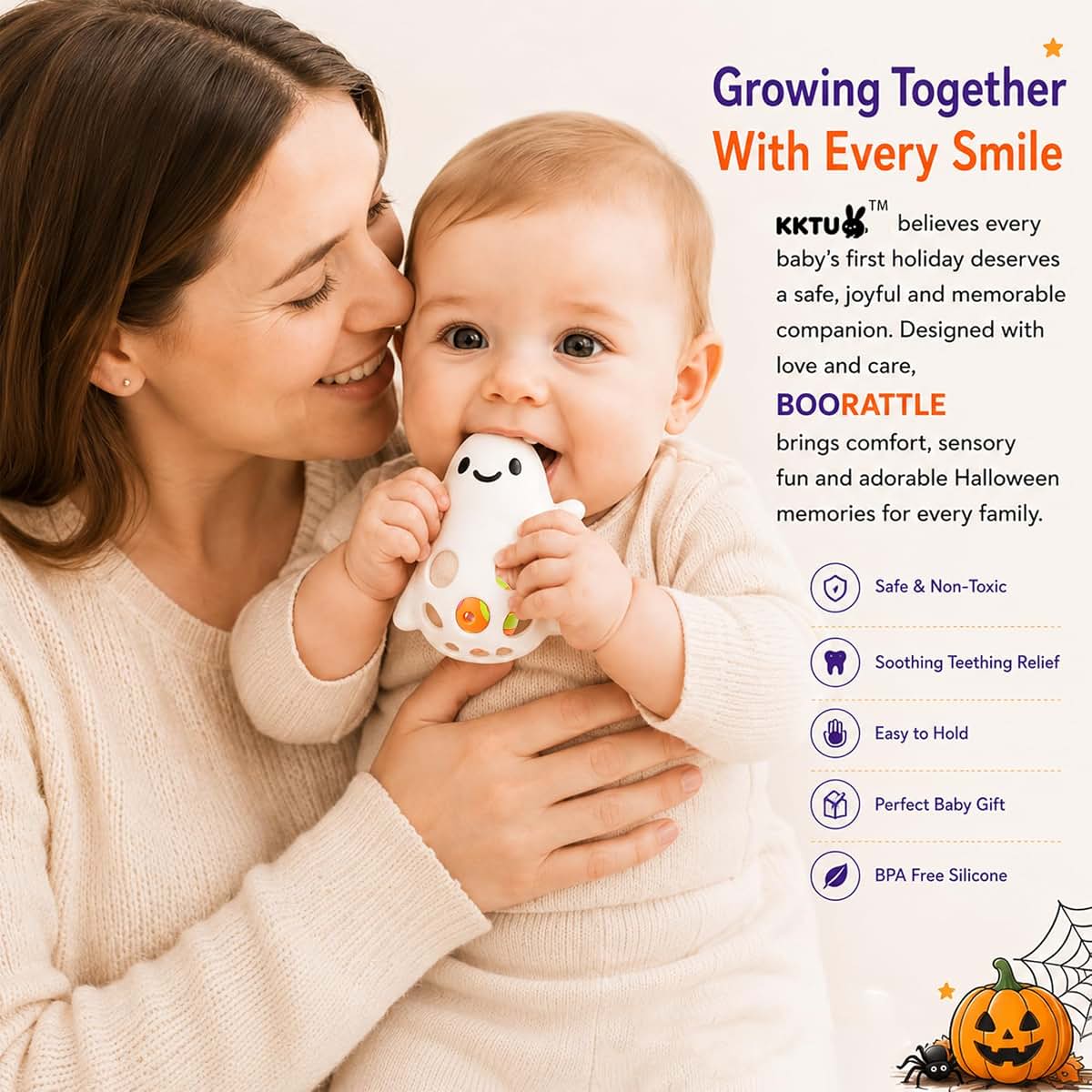 KKTU Baby's First Halloween Ghost Teether with Removable Rattle and Textured Silicone