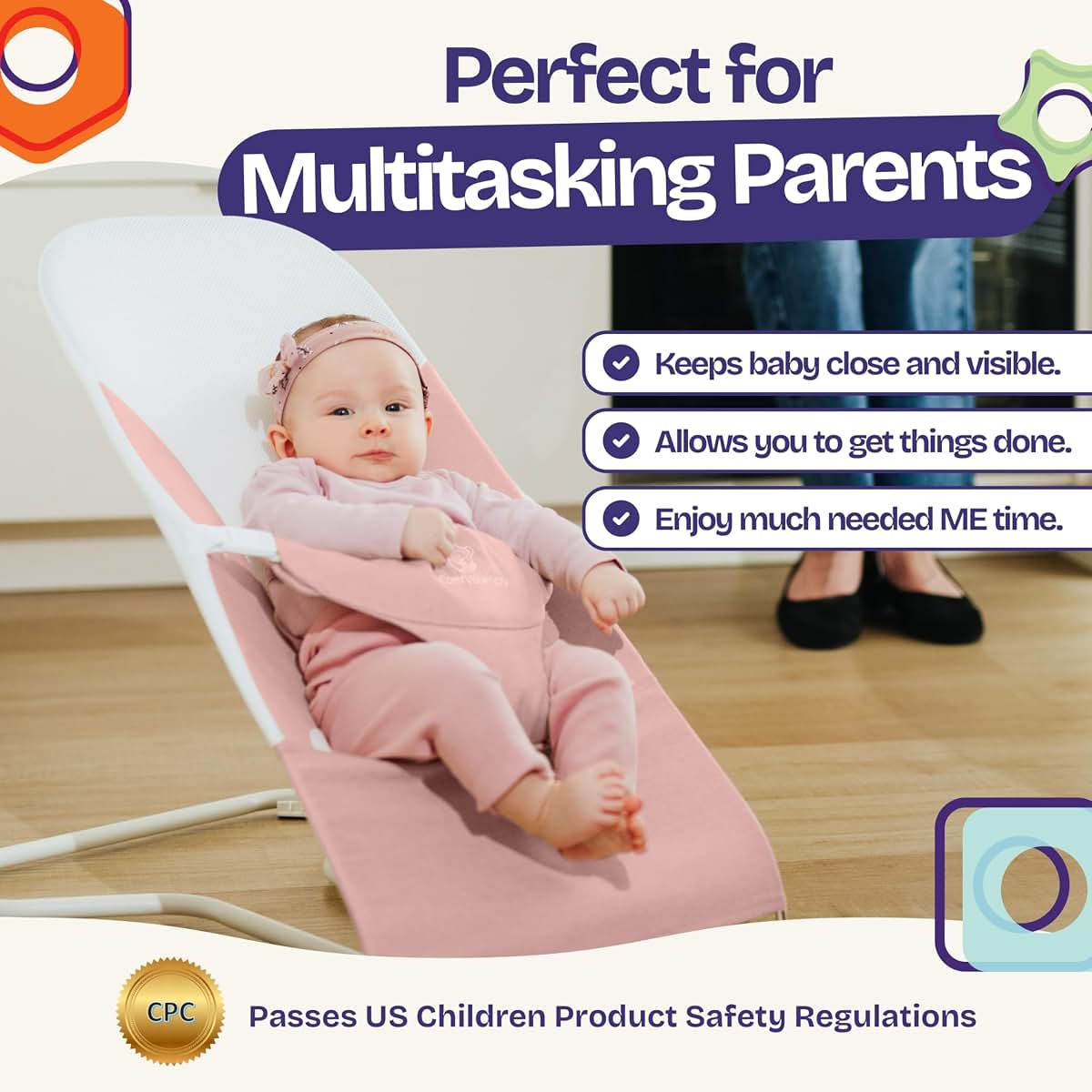 ComfyBumpy Baby Bouncer Seat, Organic Cotton & Breathable Mesh, 3-Position Foldable Portable Infant Bouncer with Carry Case (8-20lbs) Pink