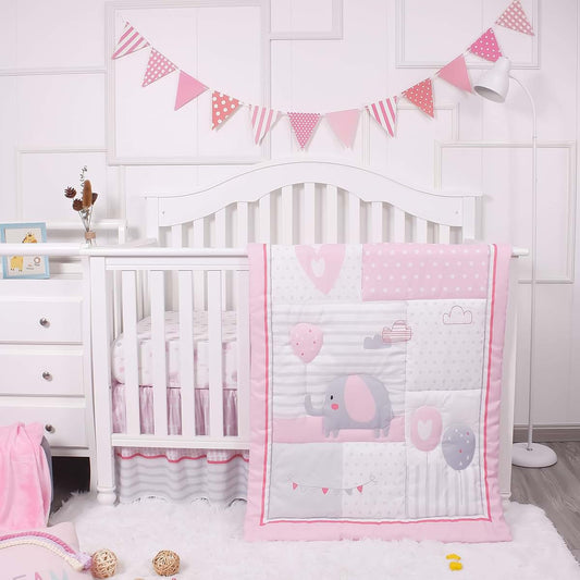 La Premura Baby Crib Bedding Set for Girls, Pink Elephant & Love Balloons 3 Piece Standard Size Nursery Crib Set for