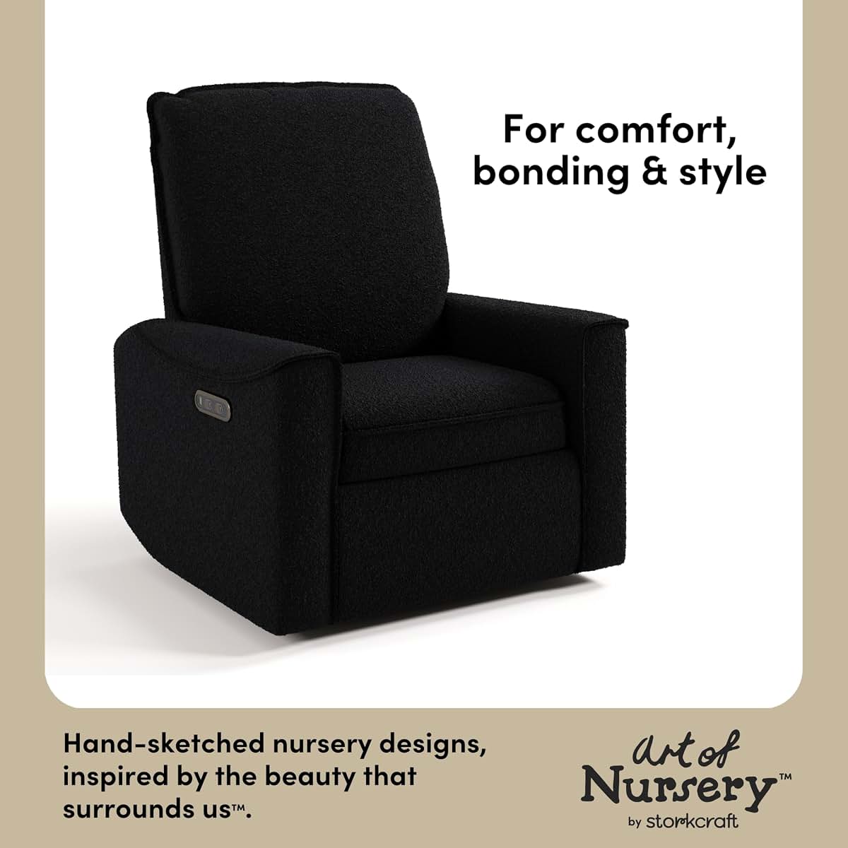 Storkcraft Santos Deluxe Power Recliner Glider, Black Boucle | Premium Electronic Power Recliner