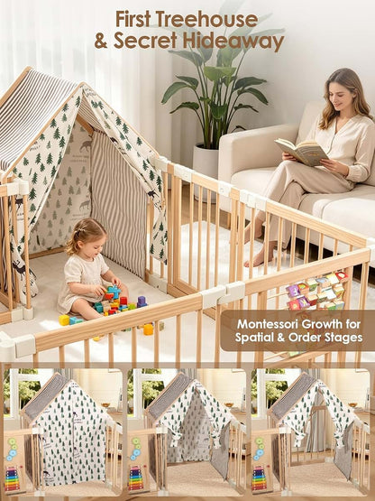 BabyOneStop Large Wooden Playpen With Locking Gate And Sensory Activity Panels