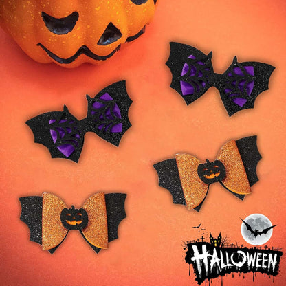4 Pcs Halloween Bow Hair Clips Set - Pumpkin & Bat Barrettes