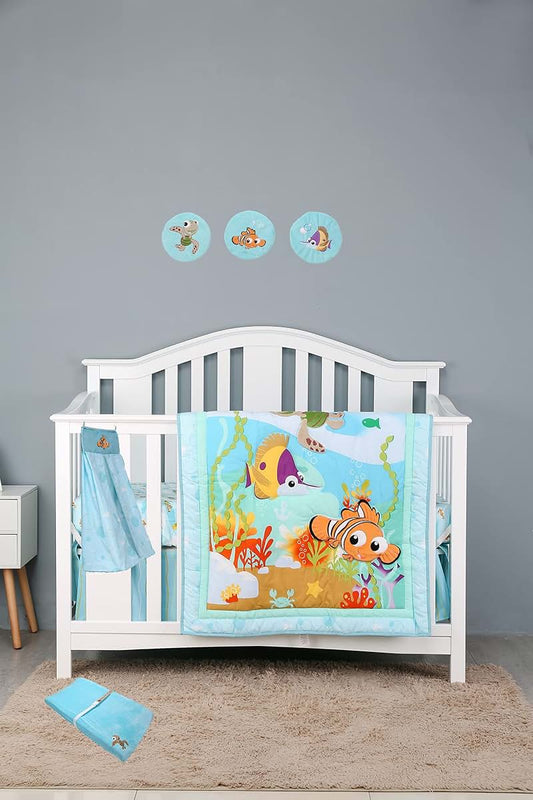 CribMATE 8 PCs Blue Ocean Themed Nursery Crib Bedding Set Baby Boy 1 Quilt 1 Fitted Sheet 1 Skirt 1 Diaper Organizer 1