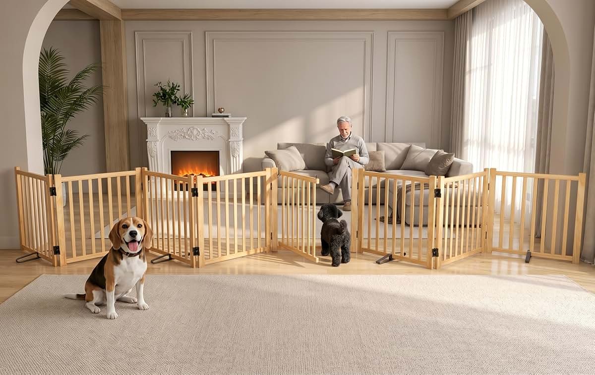 Oapety Wooden Freestanding Dog Gate with Door, 23 Inch Height 8 Panels Indoor