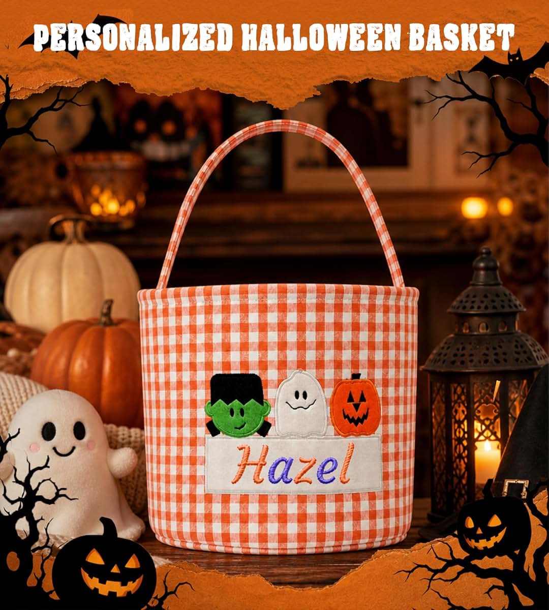 HMTANZR Personalized Halloween Basket Gingham with Embroidery Name (Black, Style 3) (photo 2)