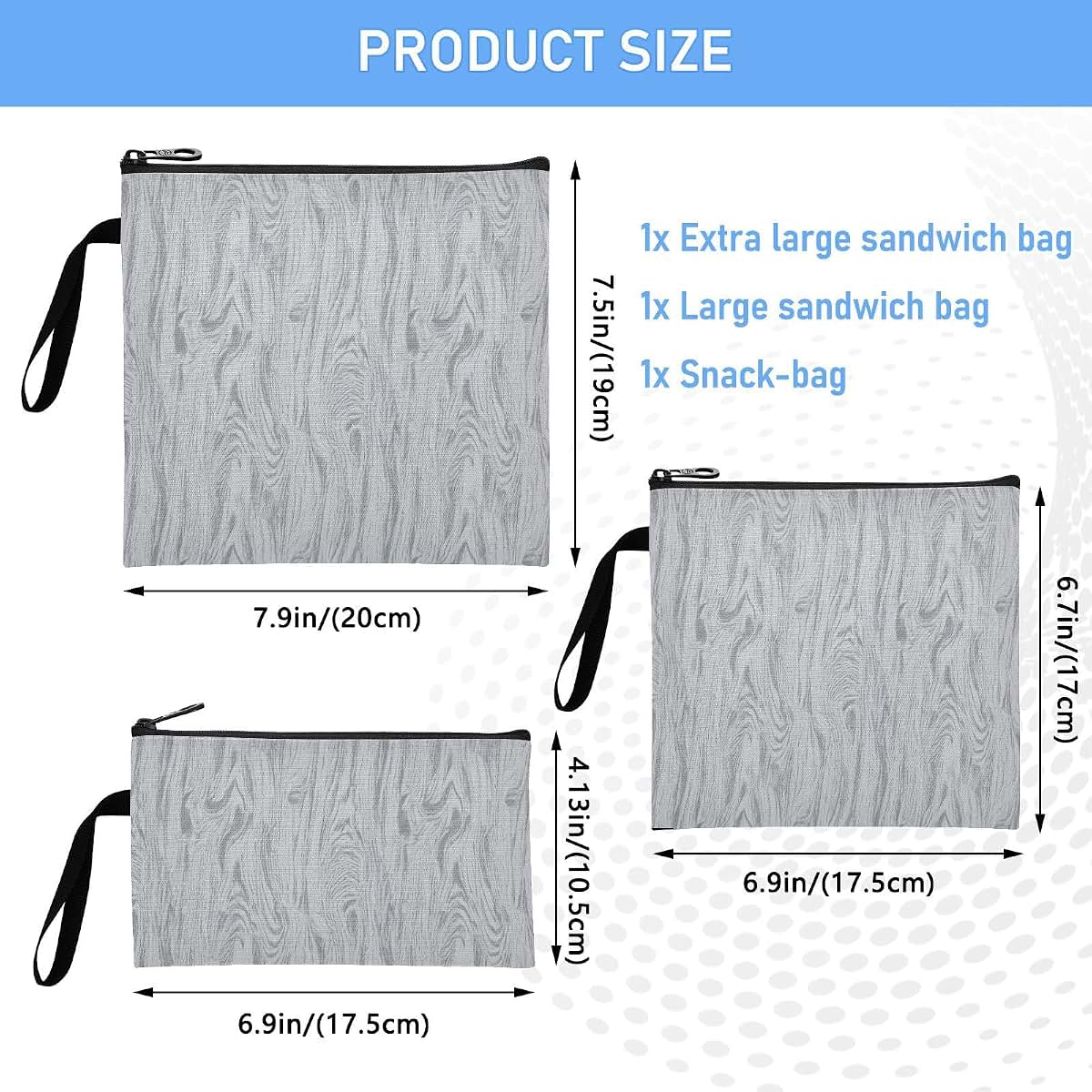 Yoogain Vintage Grain Grey Reusable Sandwich Snack Bags - 3 Piece Set