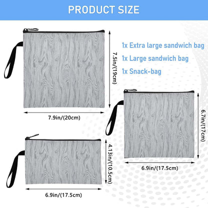 Yoogain Vintage Grain Grey Reusable Sandwich Snack Bags - 3 Piece Set
