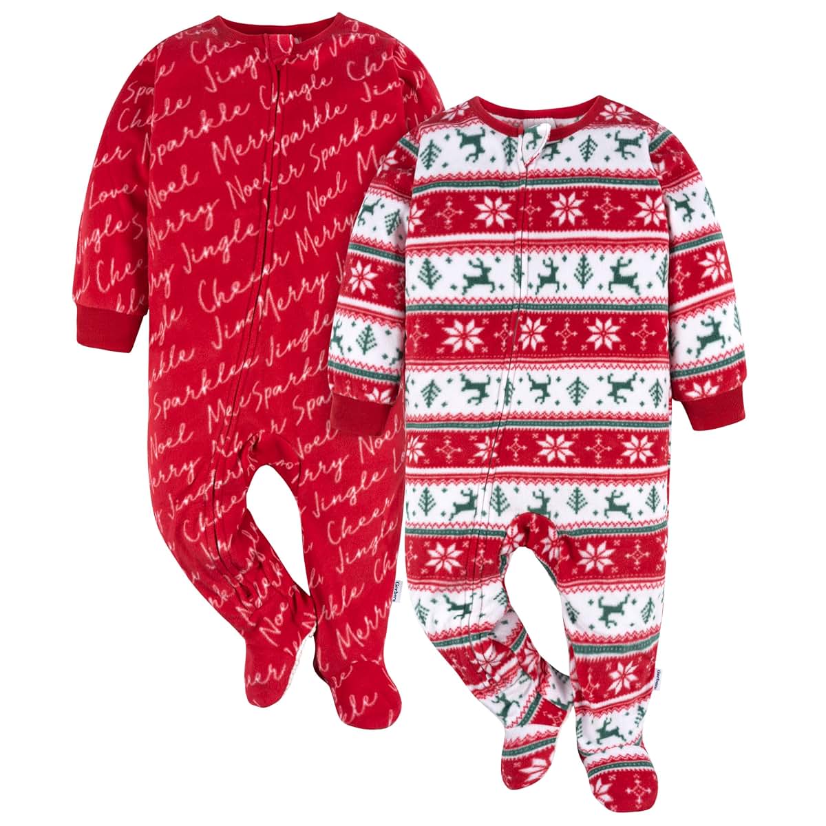 Gerber Baby & Toddler Fleece Footed Pajamas 2-Pack, Red and Green Festive Pattern