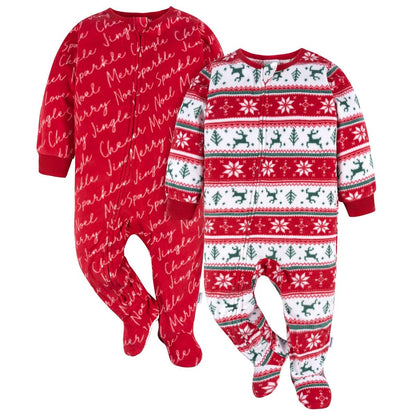 Gerber Baby & Toddler Fleece Footed Pajamas 2-Pack, Red and Green Festive Pattern