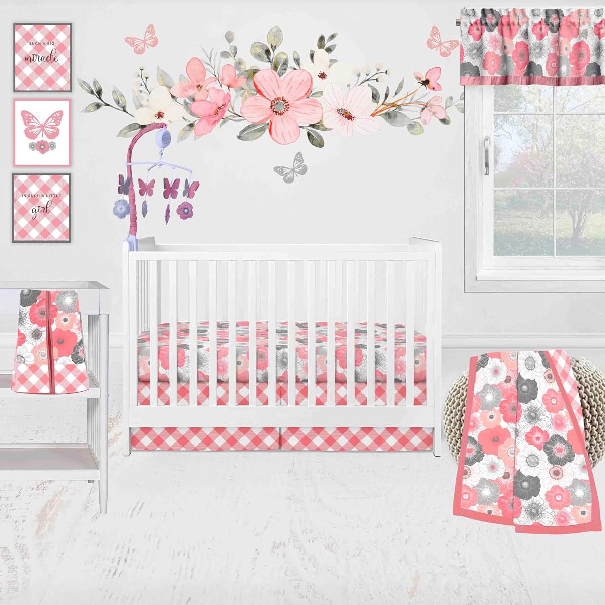 Bacati Watercolor Flowers 10-Piece Crib Bedding Set In Coral And Gray