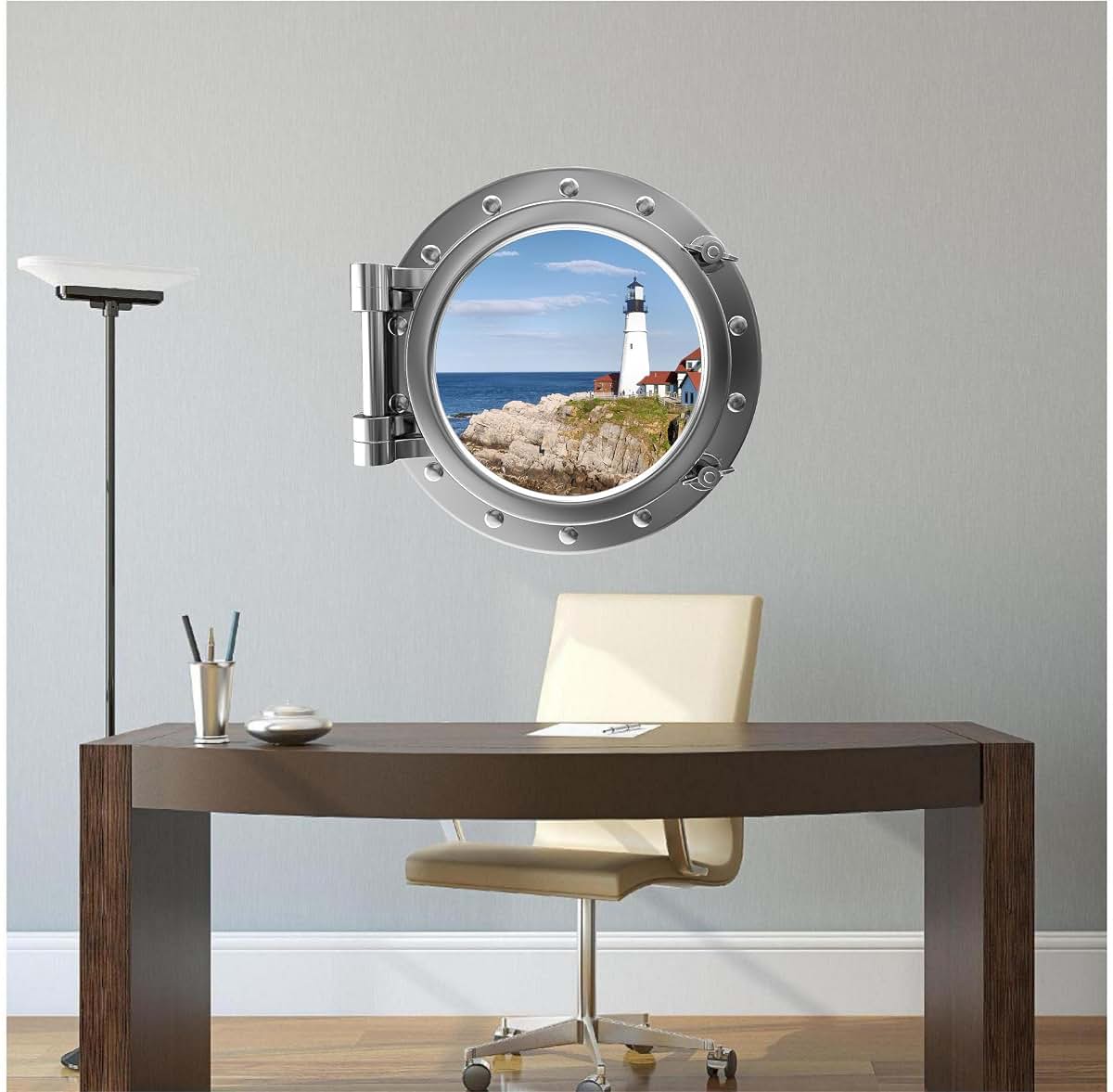 Stickit Graphix Port Scape Lighthouse 2 Silver Porthole Window Wall Decal, 12 Inch