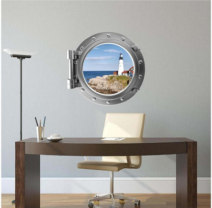 Stickit Graphix Port Scape Lighthouse 2 Silver Porthole Window Wall Decal, 12 Inch