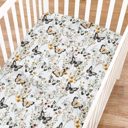 Vintage Butterflies Floral Baby Crib Sheet 52x28 Inch Fitted Breathable Polyester