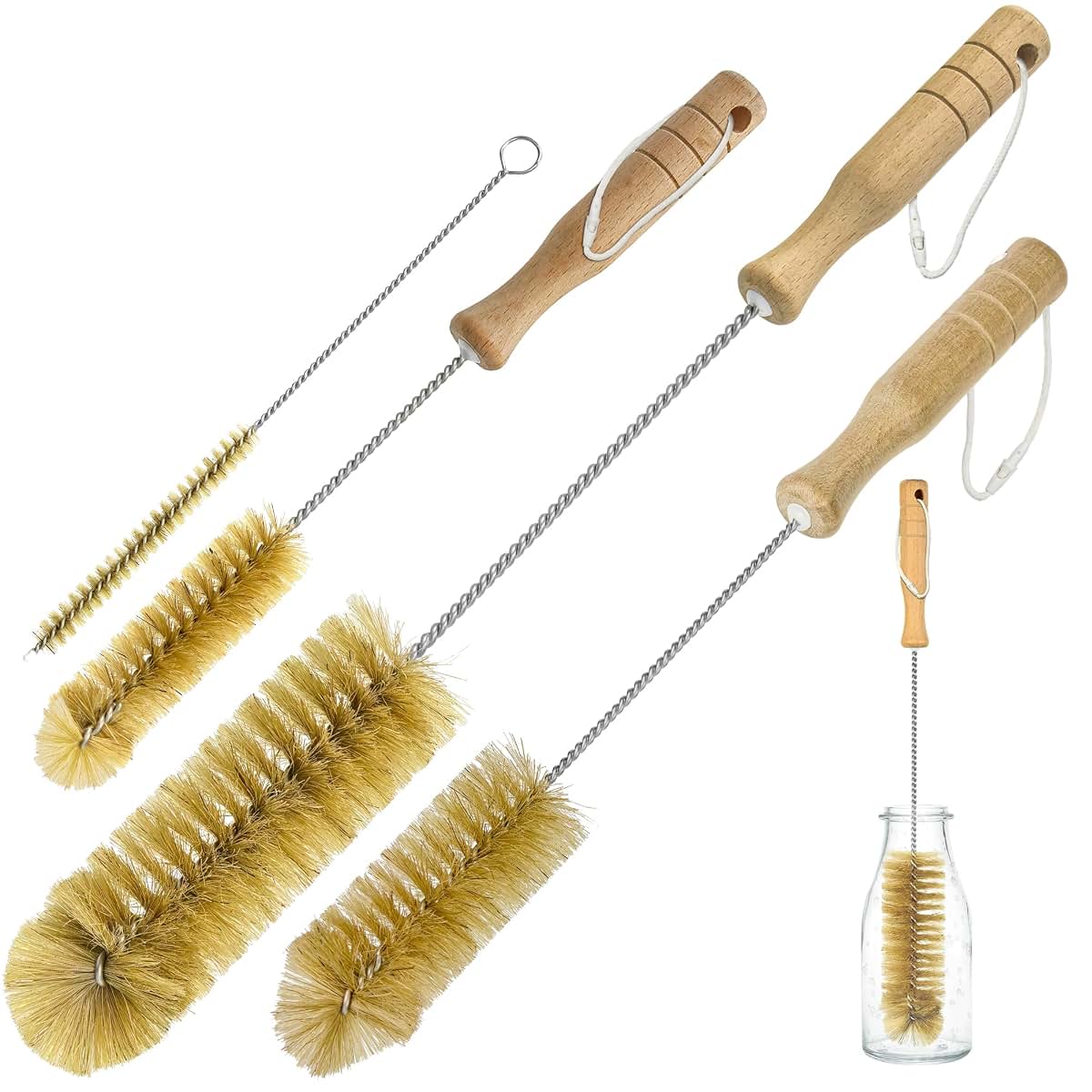 AttoShow Boar Bristle Bottle Brush Set, 4 Pack with Wooden Handles, 304 Stainless