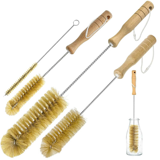 AttoShow Boar Bristle Bottle Brush Set, 4 Pack with Wooden Handles, 304 Stainless