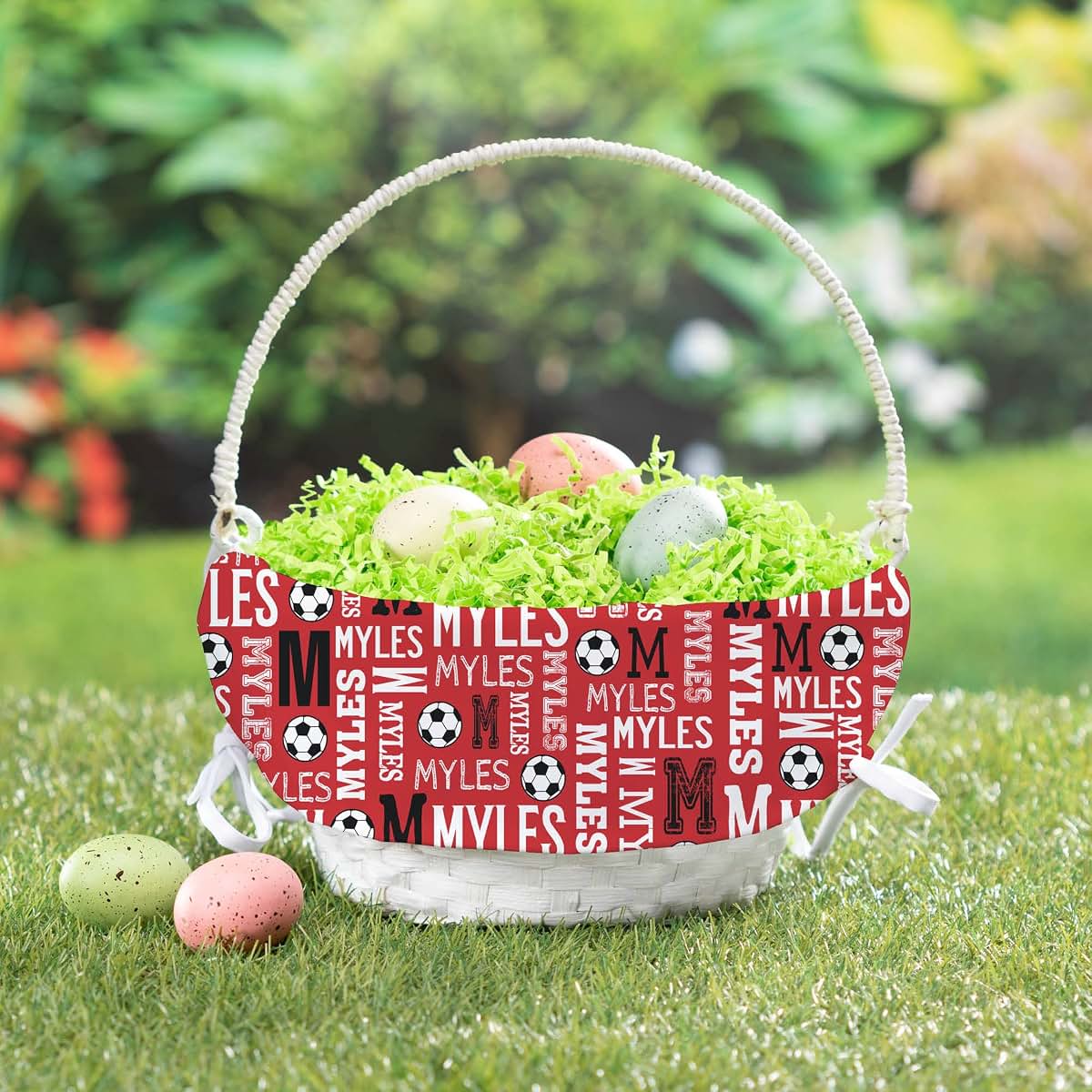 Personalized Planet Personalized Soccer Easter Egg Basket with Handle and Custom Name | Red Easter Basket Liners (photo 2)