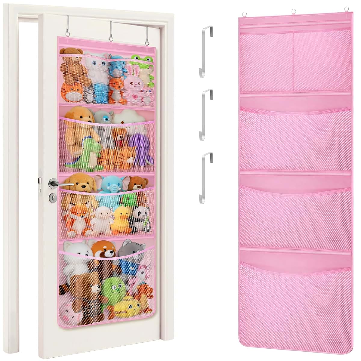 Lifewit Over Door Stuffed Animal Organizer with 5 Mesh Pockets, Pink, Oxford Fabric