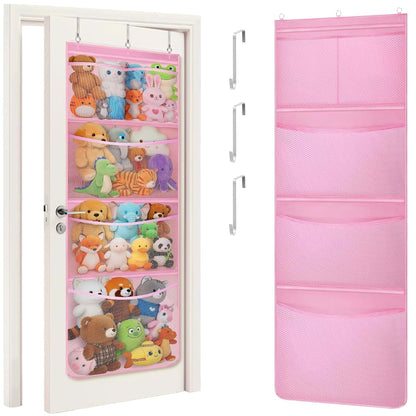 Lifewit Over Door Stuffed Animal Organizer with 5 Mesh Pockets, Pink, Oxford Fabric