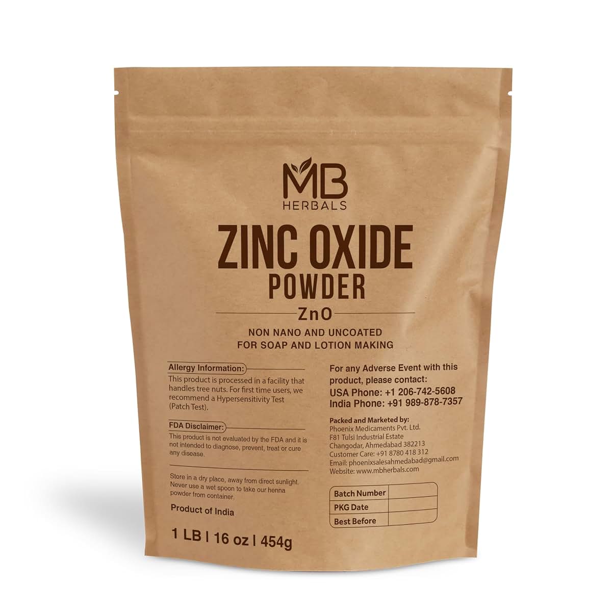 MB Herbals Zinc Oxide Powder 16 oz - Uncoated Non-Nano Raw Ingredient