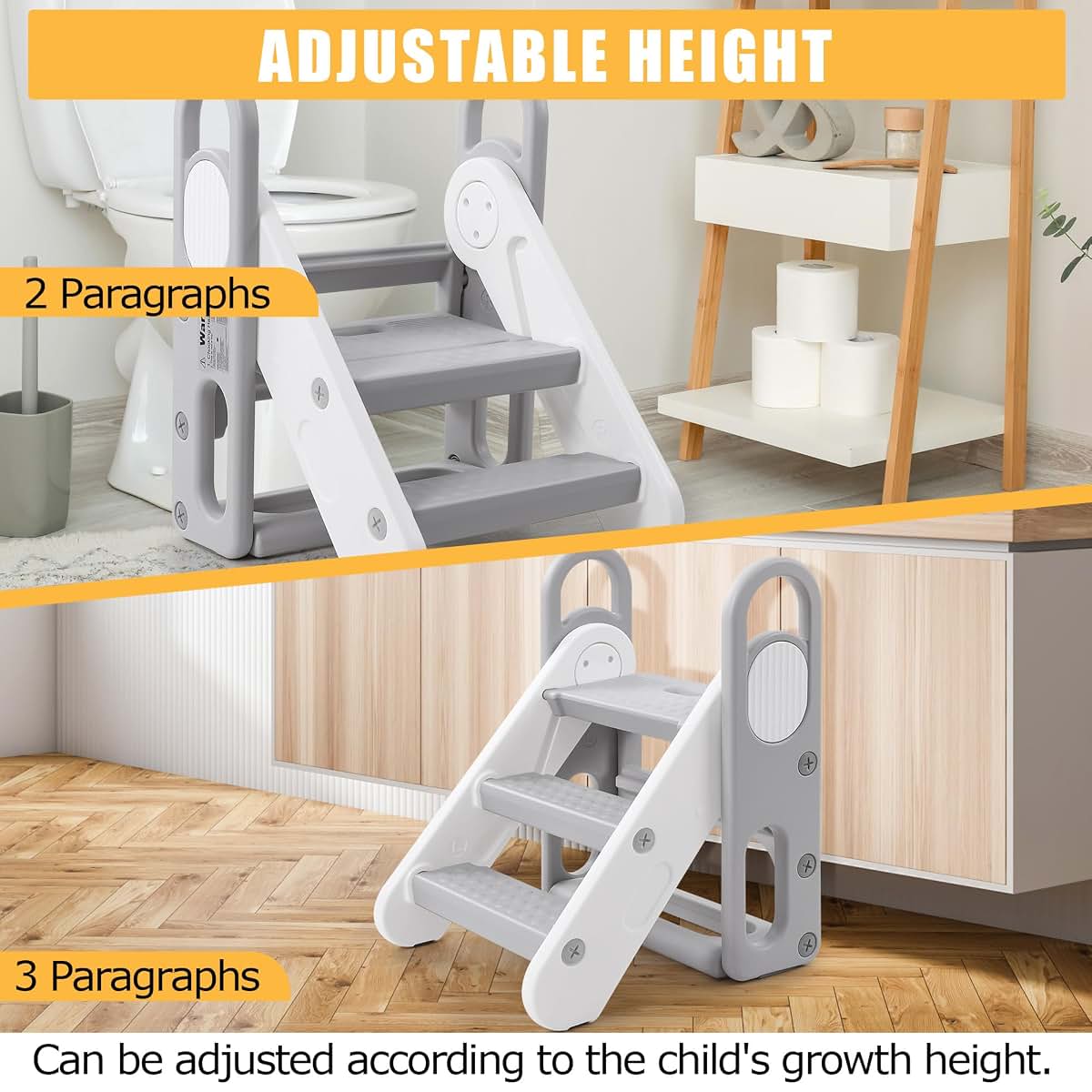 Takywep Kids Foldable Step Stool for Bathroom Sink, Adjustable 3-Step Toddler Step Stool with Handles Non-Slip Plastic (photo 3)