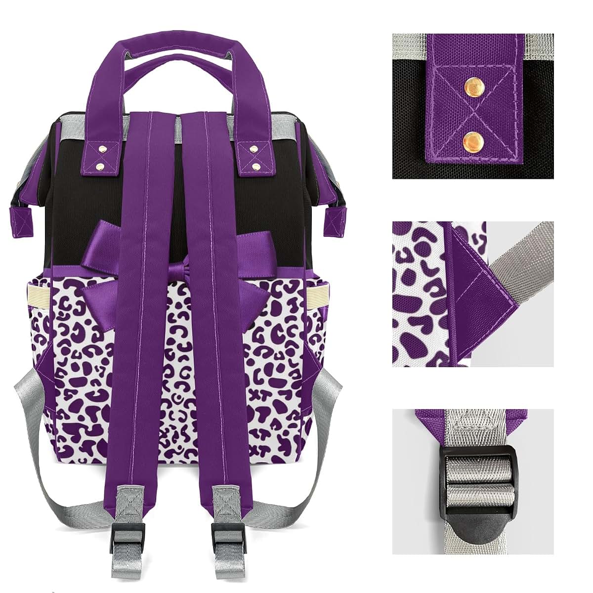 LiSoAkWE Customizable Large Capacity Purple Print Leopard Bow Diaper Bag Personalized Name,Waterproof Multi-Function (photo 4)