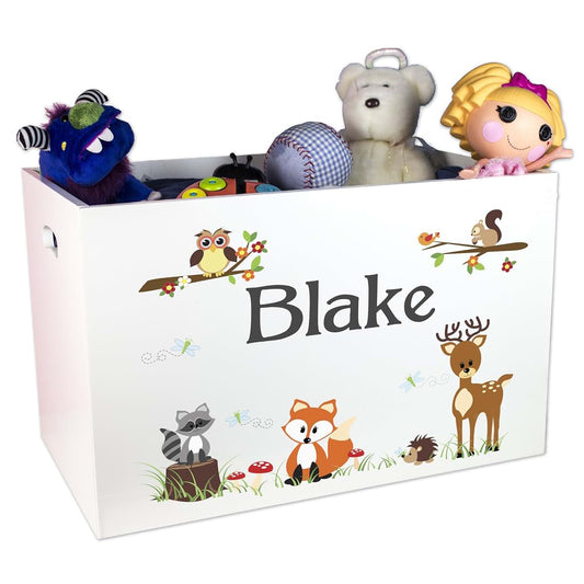 My Bambino Personalized Woodland Animals Toy Box for Children Custom White Wooden Forest Theme for Kids Bin Child Safe