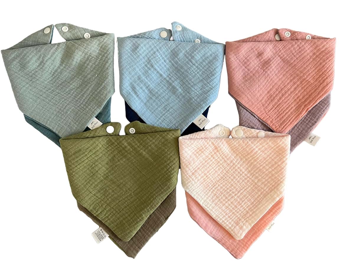 SnD Plus Muslin Bibs 2 Layers Cotton Triangle Reversible Baby Bibs 5 Pack (Solid, 0-36 Months)