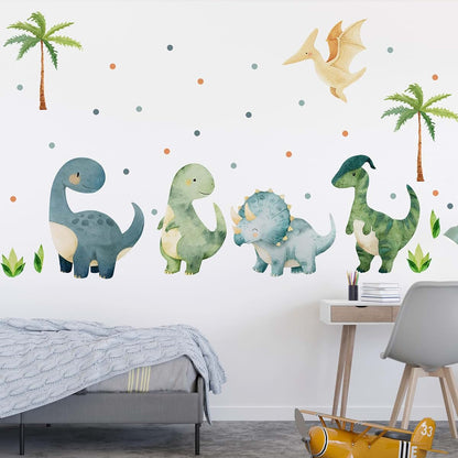 Large Dinosaurs Wall Decals Green Boho Watercolor Vinyl Stickers for Nursery Kids Room