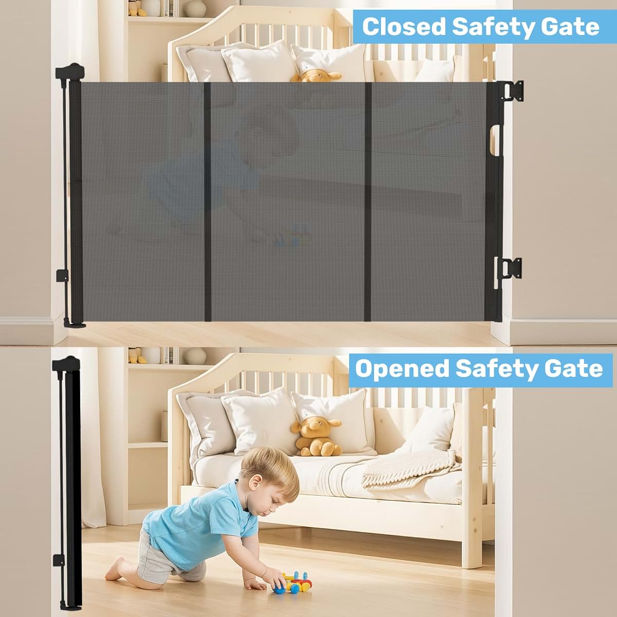 Retractable Mesh Gate for Stairs & Doorways - Black Pet/Child Barrier