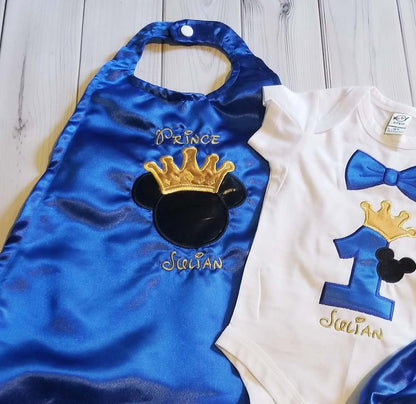 Rowanmayfairs Designs Mickey Birthday Outfit for Baby Boy – Royal Blue Satin Cape with Crown & Name – Bow Tie Onesie