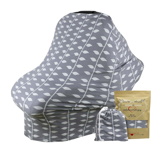 Adorology Baby Car Seat & Nursing Cover & Drawstring Carry Bag in Gray Ivy Design Shower Gift Breathable Stretchy